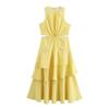 Kaslead New Women Clothes Western Style Fashion Laminated Frill Sleeveless Waist-Exposed Dress
