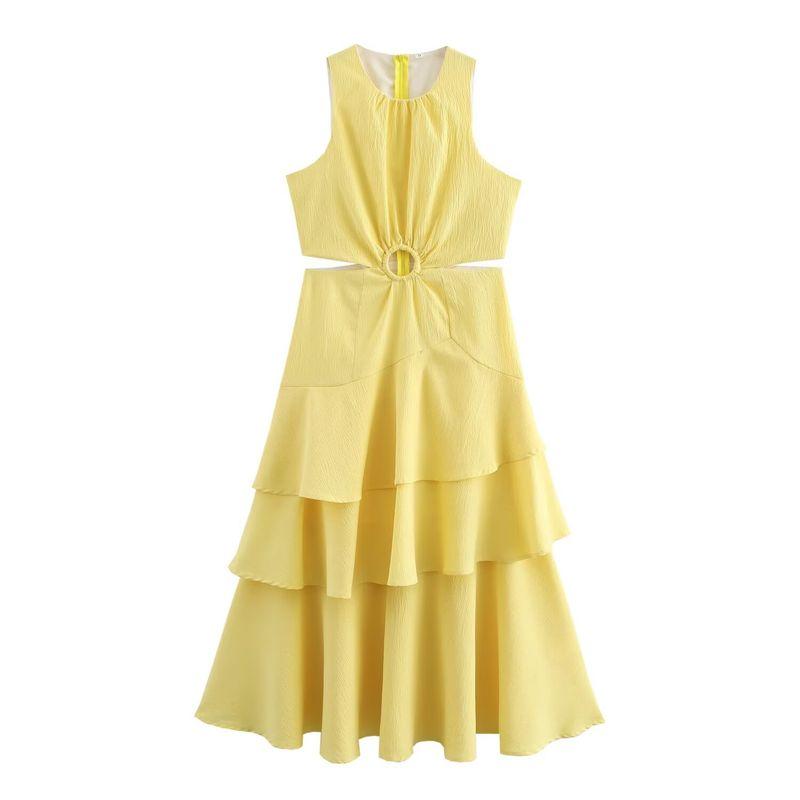 Kaslead New Women clothes Western Style Fashion Laminated Frill Sleeveless Waist-Exposed Dress
