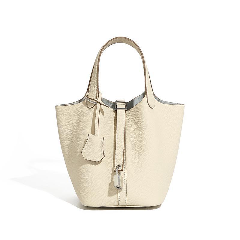 Sac pour femme en cuir véritable Sac panier de légumes Sac à main à la mode, Sac seau motif litchi Sac pour femme