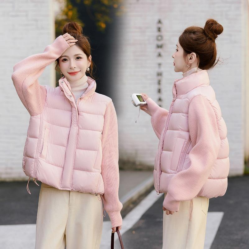 Women Short Cotton Jacket Stand Collar Long Sleeve Solid Color Casual Winter Coat