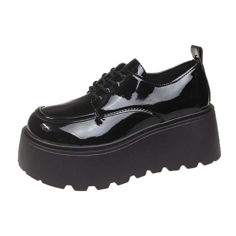 Fashion JK Uniform Shoes Women New Black Small Leather Shoes Platform Loafers Girls' Japanese Style College Style Lace Up Oxford Shoes