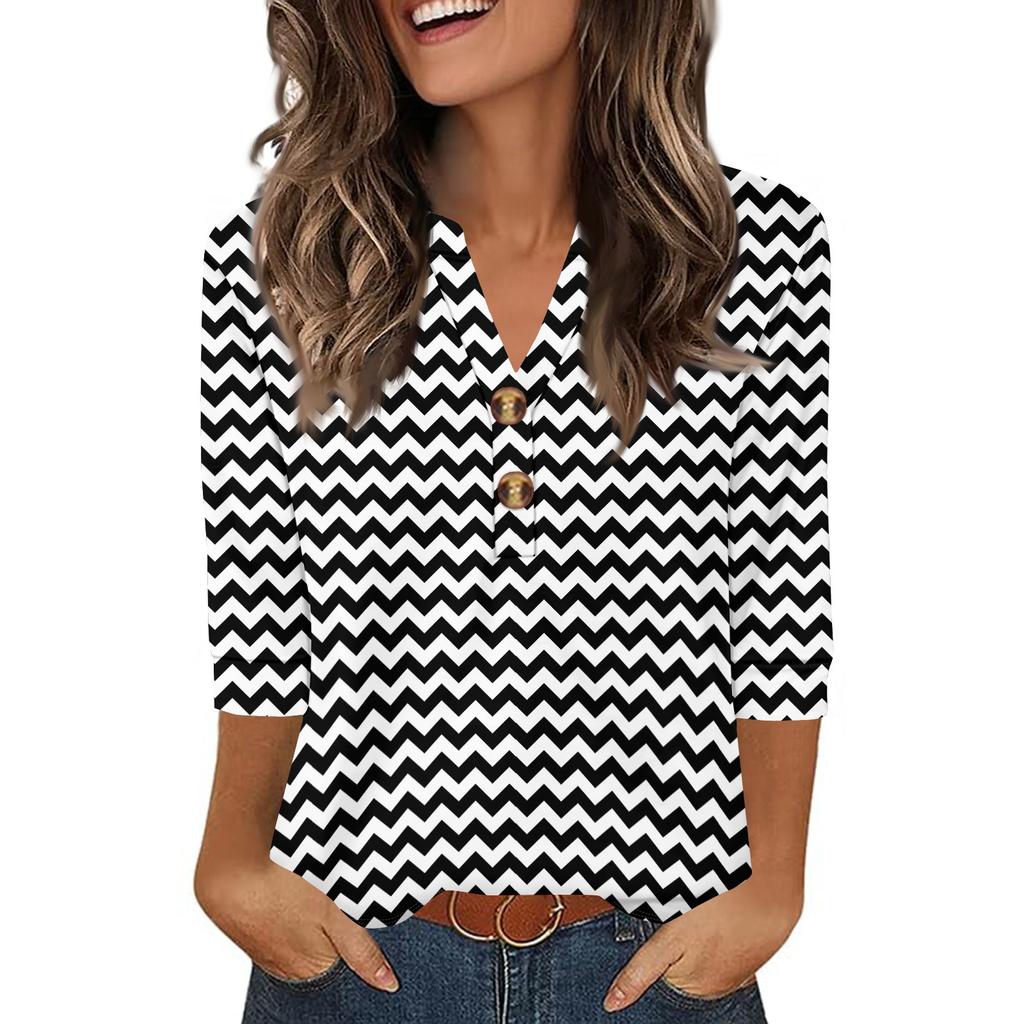 Women's Stylish Casual Striped Print Loose V-neck Button-down Shirt With Cropped Sleeves