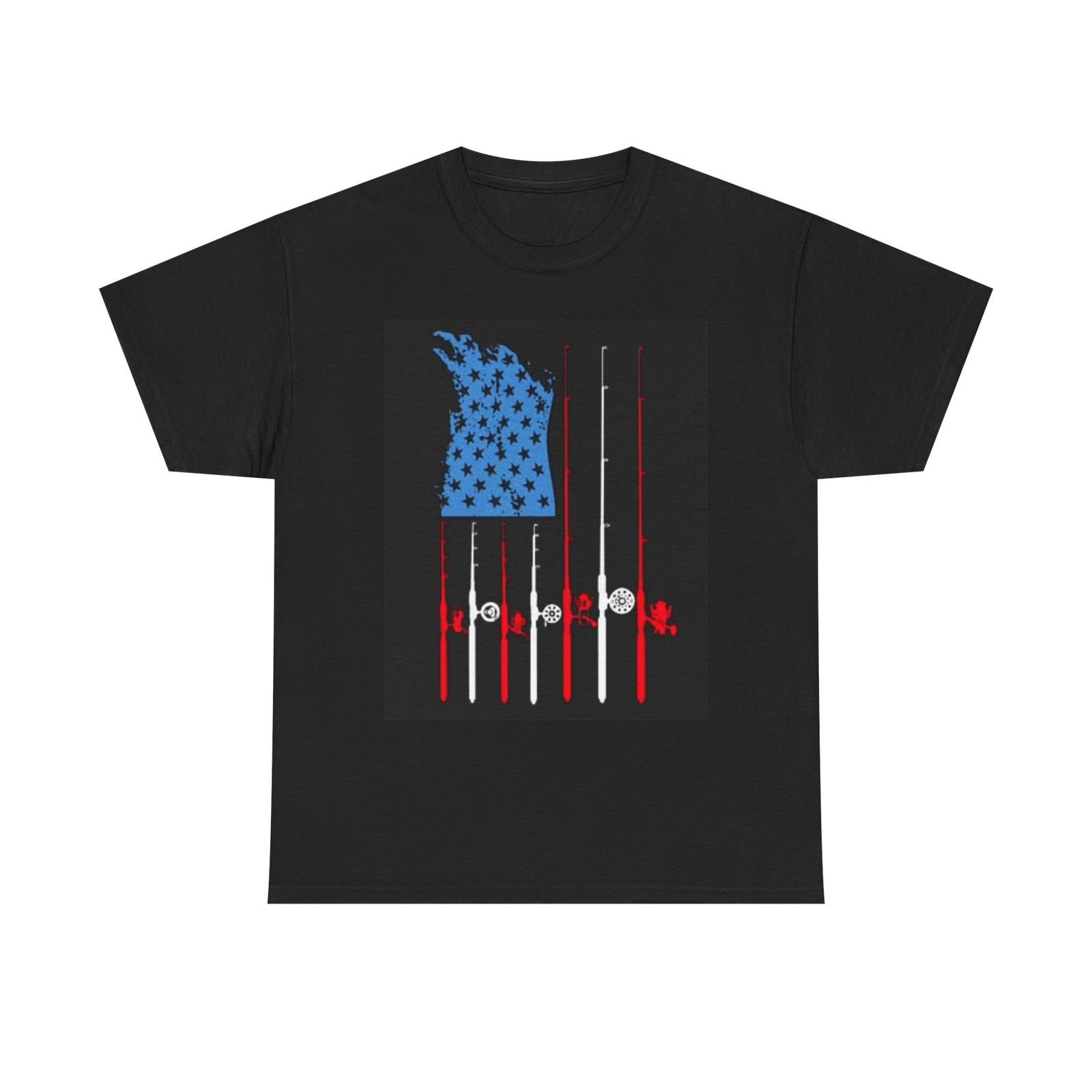 

American Flag Fishing Poles Graphic T Shirt Mens Womens Tees Top Fish Unisex Heavy Cotton Tee 2XL