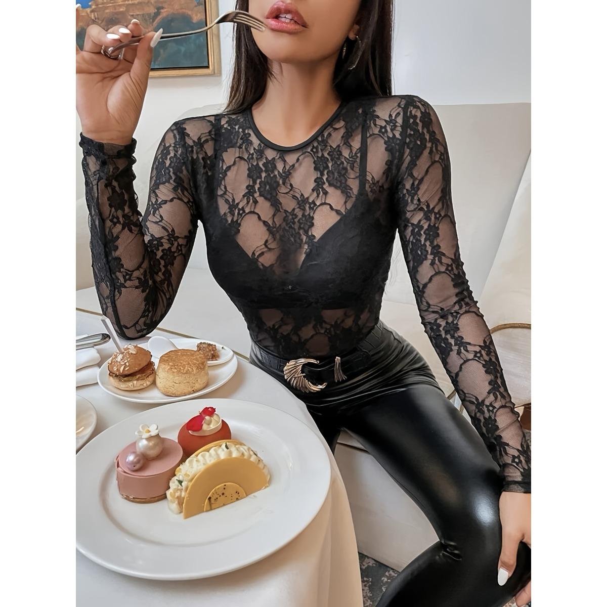 Women s Crew Neck Long Sleeve Floral Lace Slim Fit Elegant Blouse Sheer See Through Layering Top S чёрный