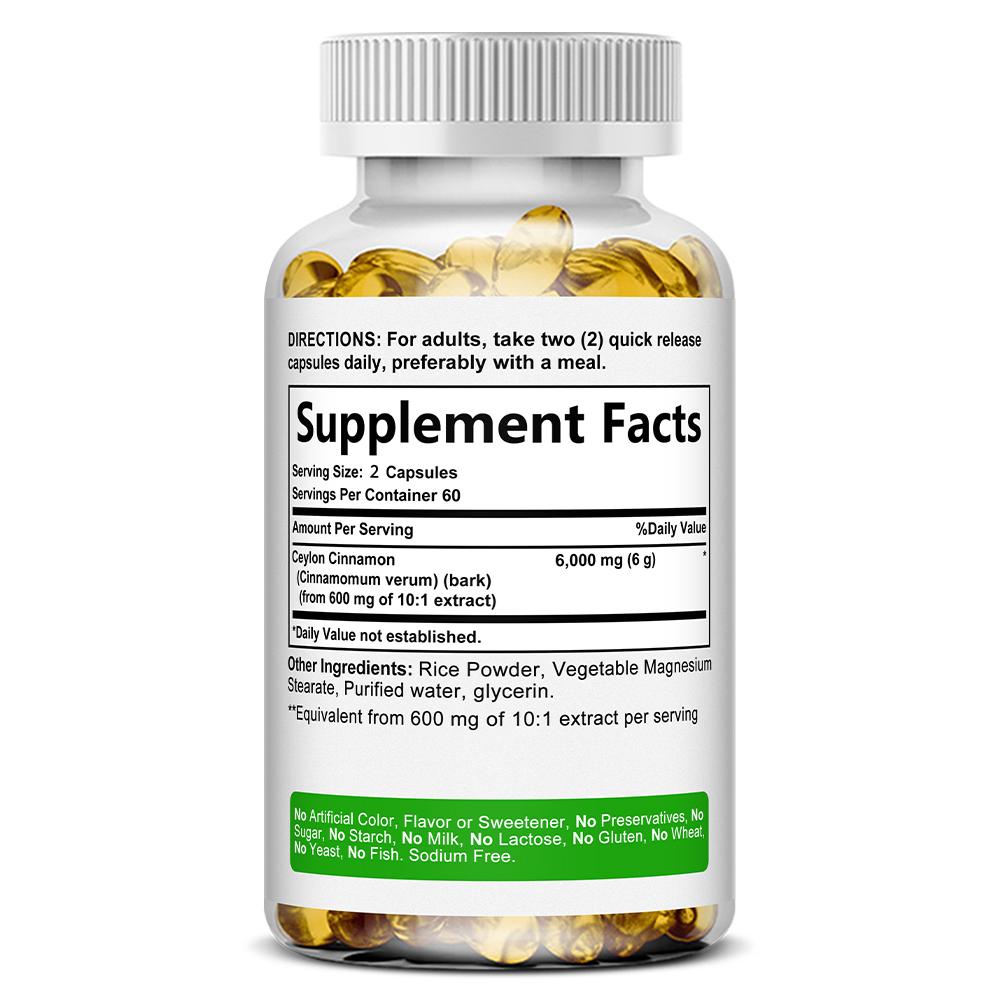 Ceylon-Zimt 6000 mg Nahrungsergänzungsmittel, 120 Weichkapseln pro Flasche