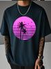 Unisex Summer White Short Sleeve Tee Retro Pink Sunset Palm Tree Seaside Bird Graphic Print Crew Neck Loose Male Casual Tops