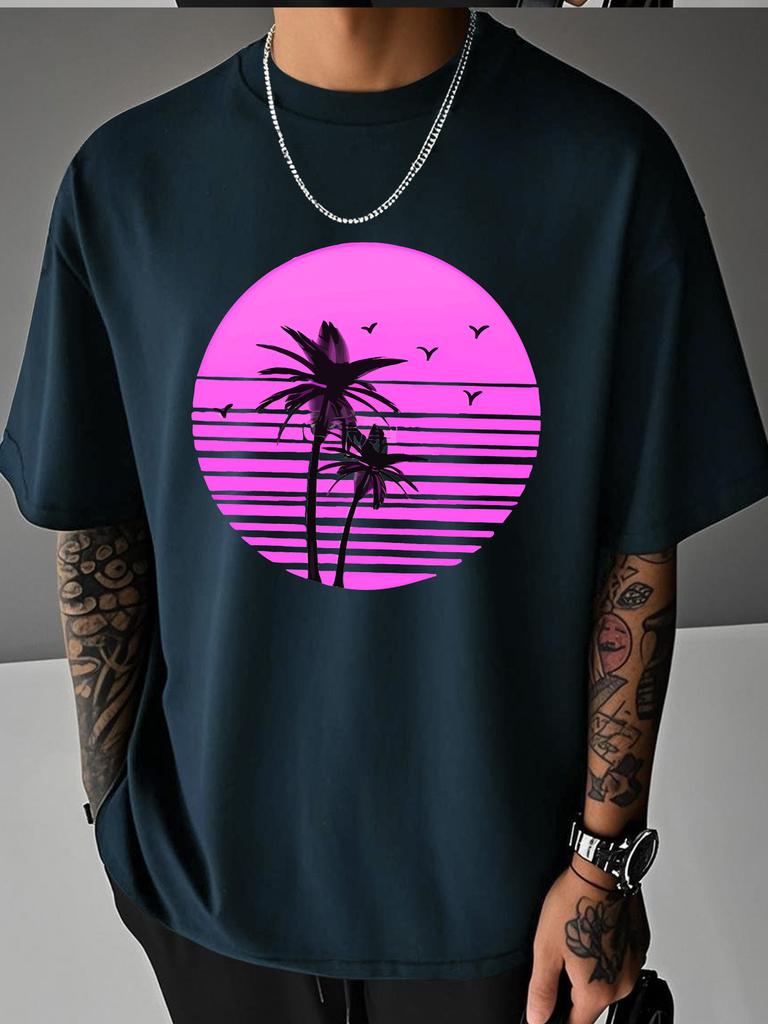 Unisex Summer White Short Sleeve Tee Retro Pink Sunset Palm Tree Seaside Bird Graphic Print Crew Neck Loose Male Casual Tops