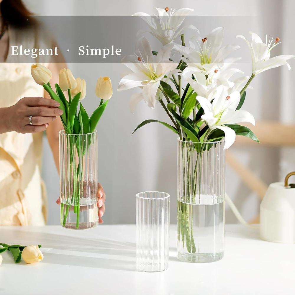 6pcs Ribbed Glass Candle Holder Cylinder Candle Holders for Pillar Candles Clear Hurricane Candle Holder Decorative Floating Candle Vases