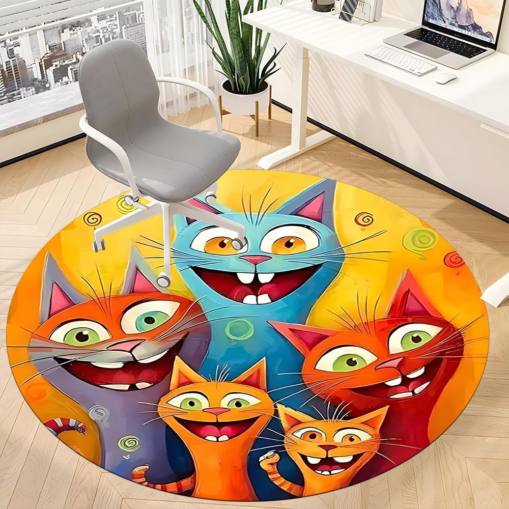 1PC Cat Family Office Round Area Rug, Mat Suitable ForOffice, Under Office Chairs Bedroom Living Room Home Decor, Room Deco