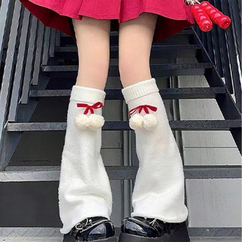 Women's Elastic Thermal Foot Covers with Furry Ball Bowknot Soft Knitted Leg Warmers Long Socks Cold Weather Accessories