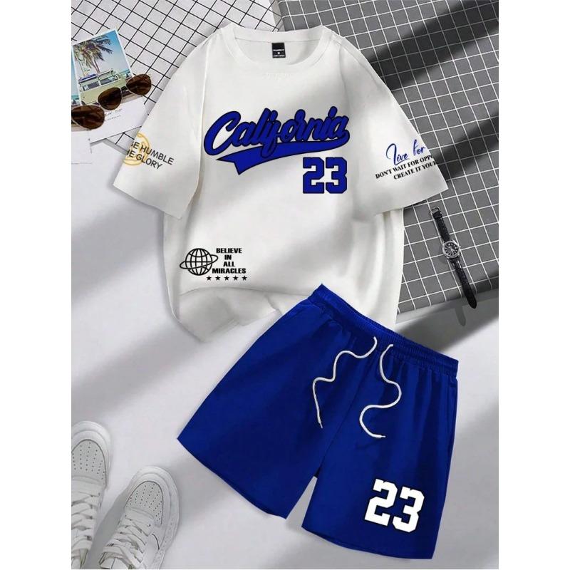 Summer New Trend Men s Suit Round Neck Short Sleeve Set Fashion Personalized Alphanumeric Print Round Neck T-shirt and Shor S