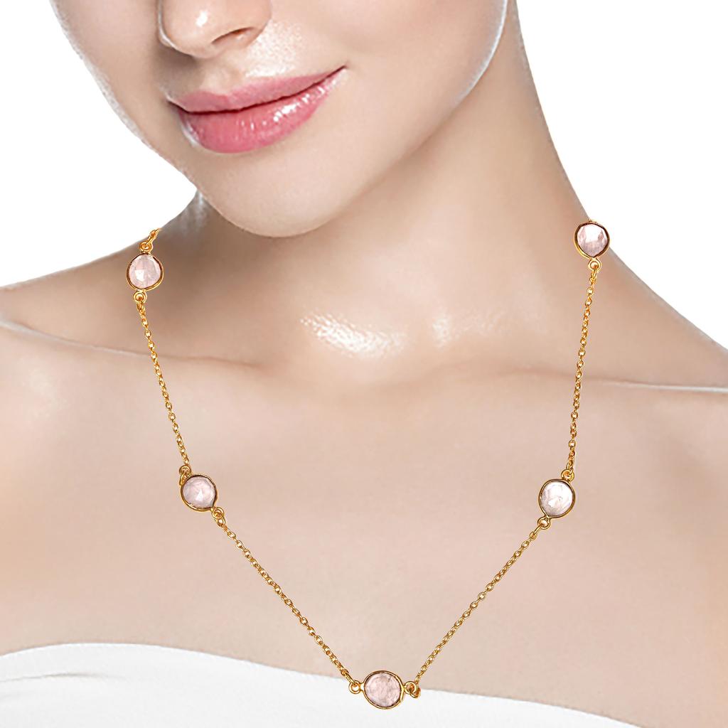 Necklace Pink Rose Quartz Feceted Gemstone Handmade Silver Jewelry 24''