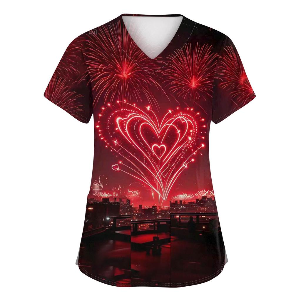 Women's Fashion Printed Short Sleeve V Neck Pattern Tops Pocket Working T-shirts