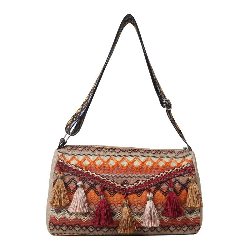 Simple and Fashionable Ethnic-style Bag with Tassels and Diamond-shaped Single-shoulder Crossbody Bag