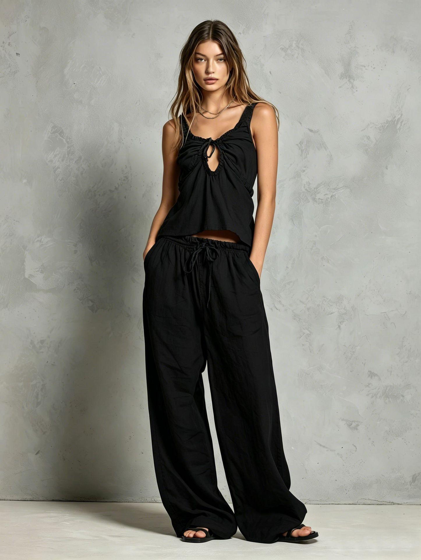 2026 European and American Amazon temu/TK new women s minimalist style suspender top + pants two-piece set XS чёрный
