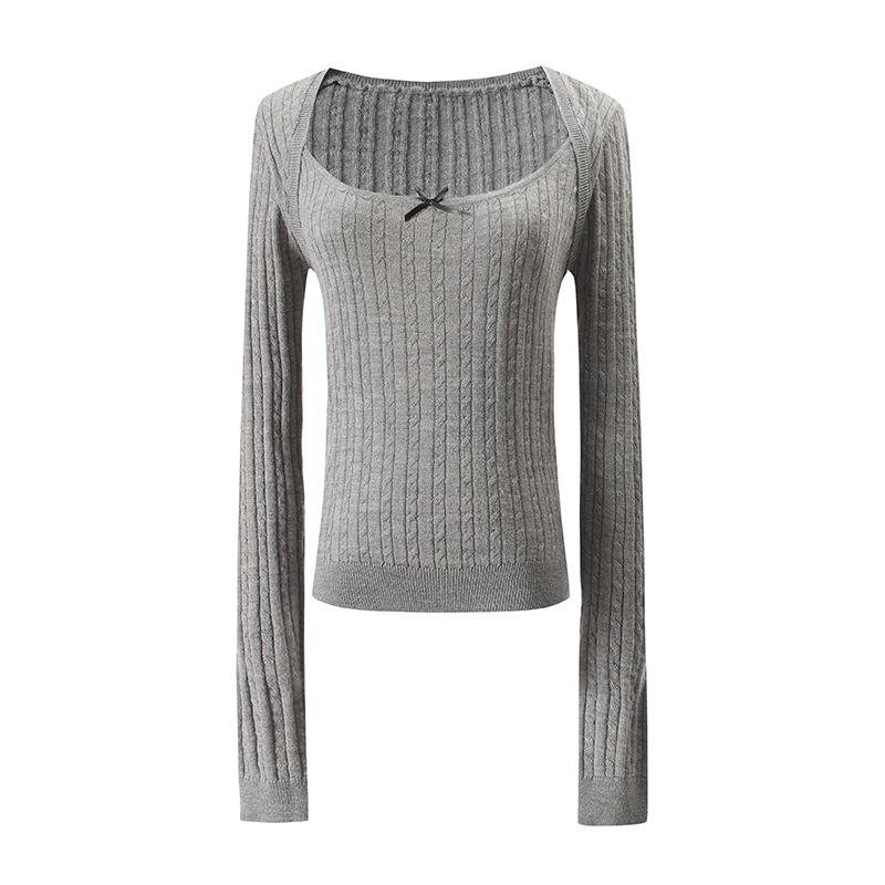 Women Square Neck Cable Knit Sweater Fake Shrug Two Piece Knitted Top Bow Decor Wool Blend Slim Long Sleeve Jumper