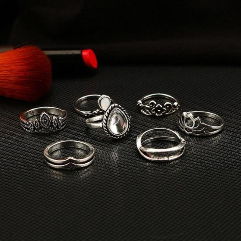 7 Pcs Vintage Women Hollow Carving Lotus Flower Waterdrop Knuckle Midi Rings Set