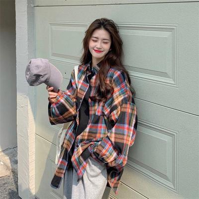 Autumn Lazy Style Loose Plaid Shirt Jacket Women's Design Retro Top