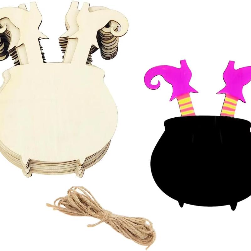 24 Pack Unfinished Wood Witch Cauldron Cutouts Hanging Ornaments DIY Halloween Tags for Halloween Home Party Decoration