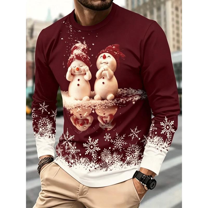 Men's Casual Long Sleeve T-Shirt Merry Christmas Snowman Print Tops Regular Fit O-Neck Vintage Snowflake Pullover