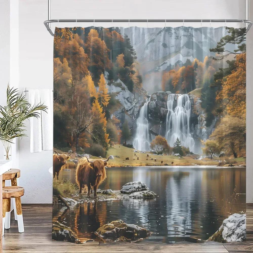 

Autumn Landscape Shower Curtain Maple Forest Waterfall Landscape Tree Bathroom Decoration Polyester Bathtub Curtain W90XH180cm