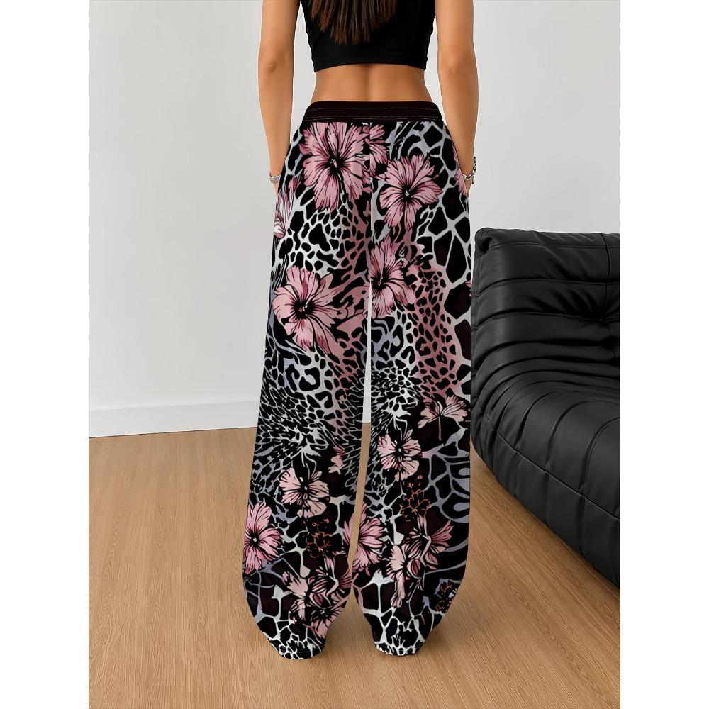 Women's Retro Wide Leg Pants with Leopard and Pink Floral Patchwork - Elastic Drawstring Waist Straight Pants
