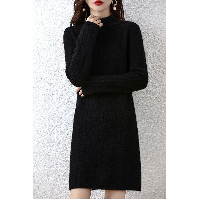 Autumn and winter thickened twisted flower medium and long sweater skirt loose and thin bottoming skirt women's semi-turtleneck knitted dress women's
