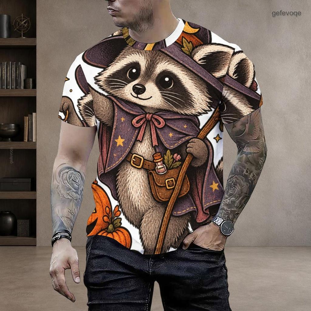 Men Plus Size Round Neck Short Sleeve T Shirt Printed Cute Cartoon Raccoon Witch Pattern