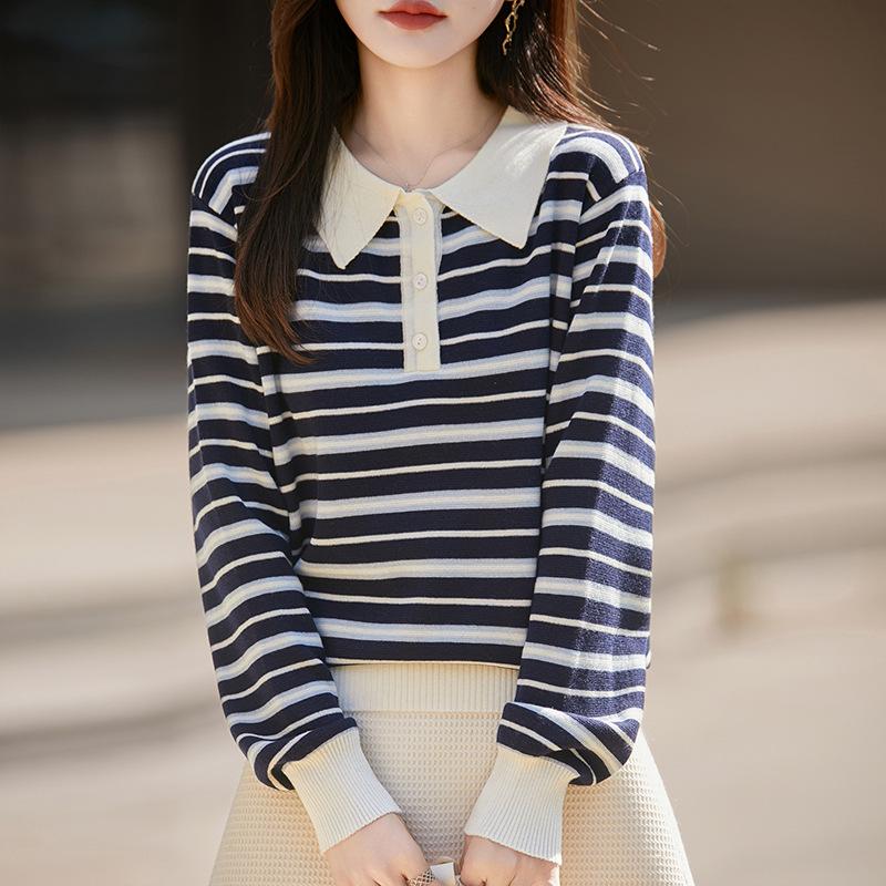 Andis Women's Color Block Stripe Polo Neck Knit Top - Age-Reducing Autumn/Winter Style