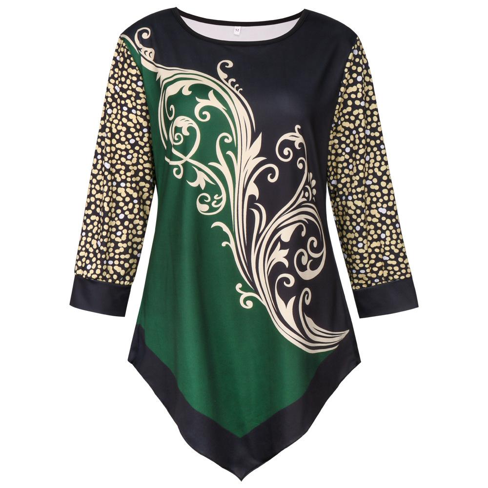 

QICED Осенняя напечатанная повседневная рубашка свободного кроя с круглым вырезом и неровным подолом для женщин XXXXL зелёный