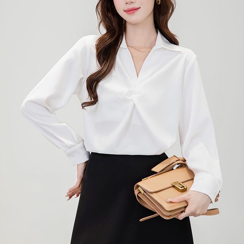 

Блузка из синего сатина с V-образным вырезом для женщин - Профессиональный топ для работы XL белый