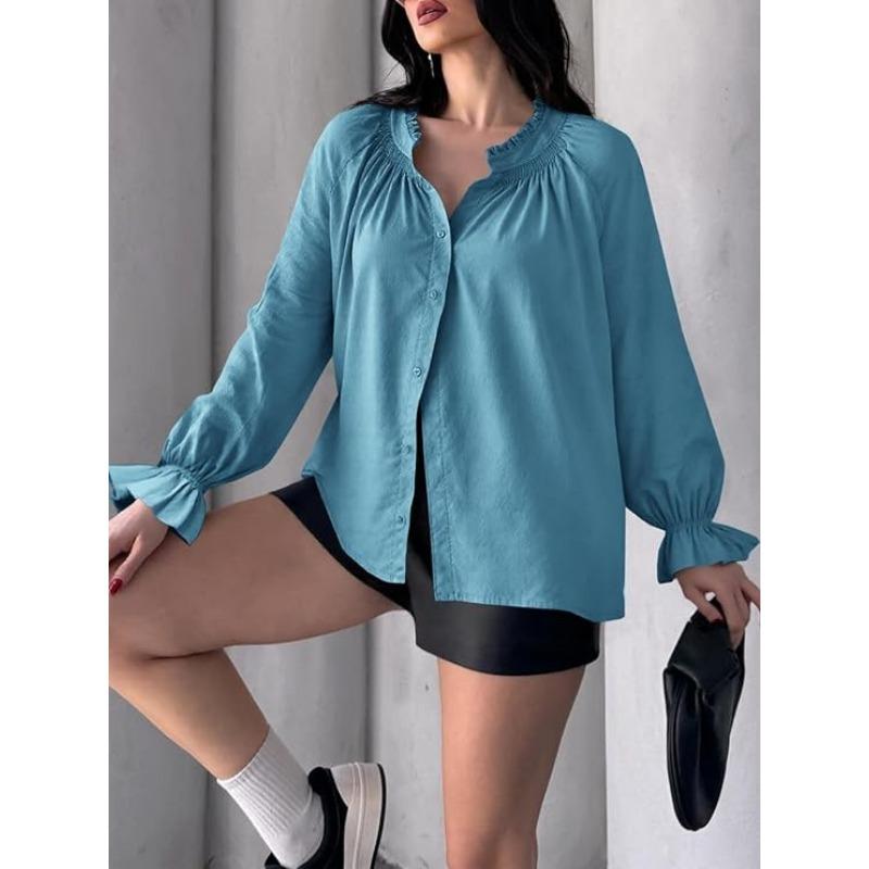 Spring and Autumn New Women's Elegant and Sweet Loose Casual Lantern Sleeve V-neck Ruffle Shirt