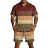 Men Short Sleeve Button Down Shirt and Shorts Set Casual Striped Print Two Piece Outfit Lightweight Breathable Fabric