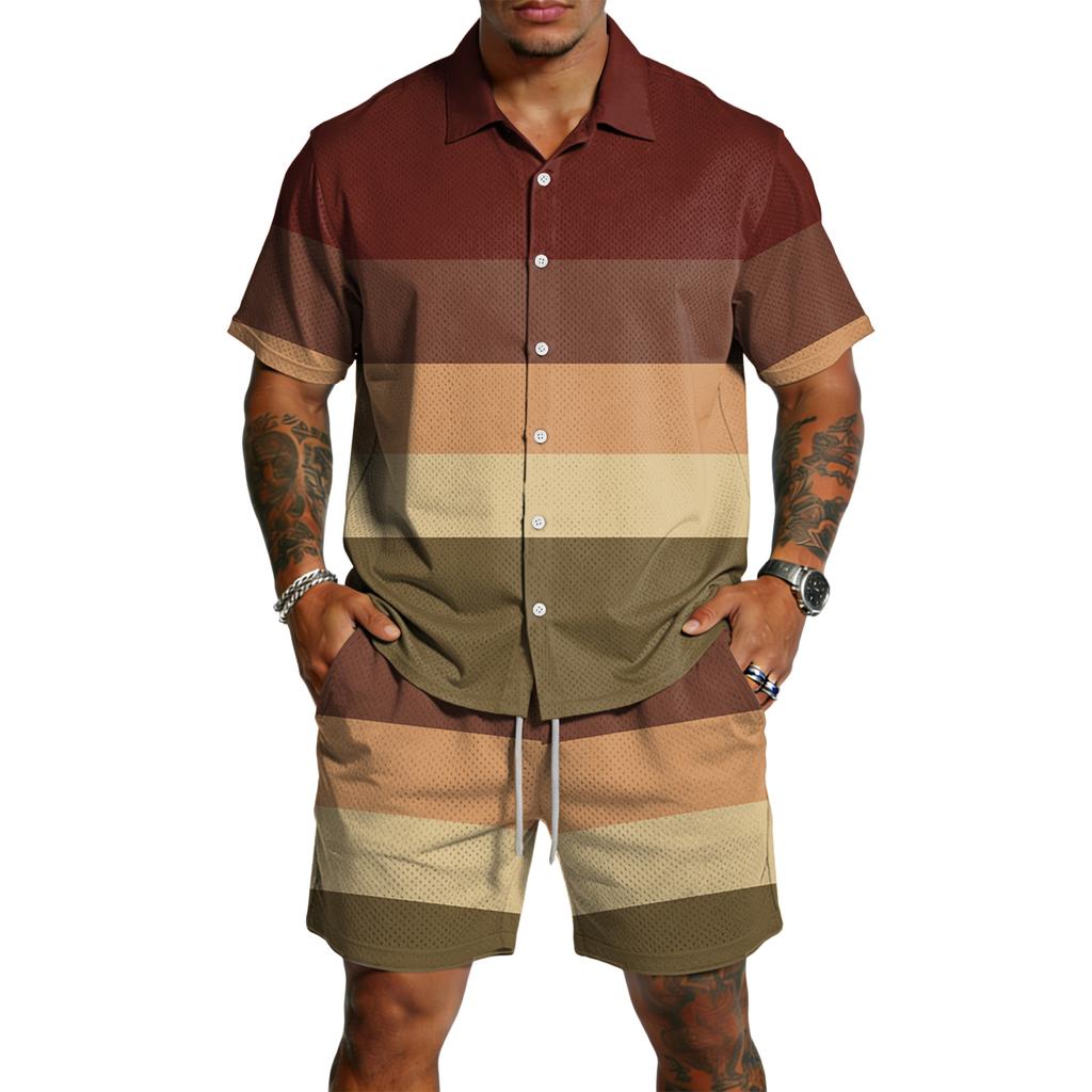 Men Short Sleeve Button Down Shirt and Shorts Set Casual Striped Print Two Piece Outfit Lightweight Breathable Fabric