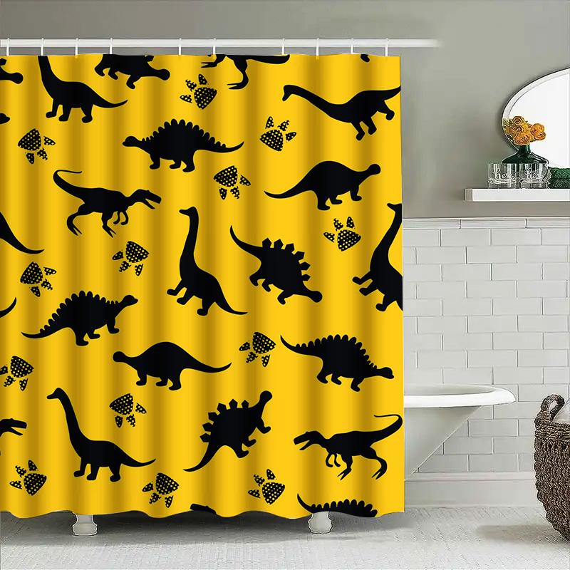 Kinder Cartoon Dinosaurier Duschvorhang Gelber Hintergrund Mit Schwarzen Silhouetten Für Badezimmer Dekor Wasserdichtes Gewebe Anpassbar