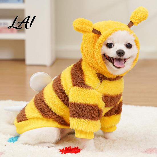 Dog Hoodie with Wings Cute Bee Hoodie Plush Hooded Pet Outfit 3D Antennae And Wings Cozy Striped Costume for Small Dogs Pullover