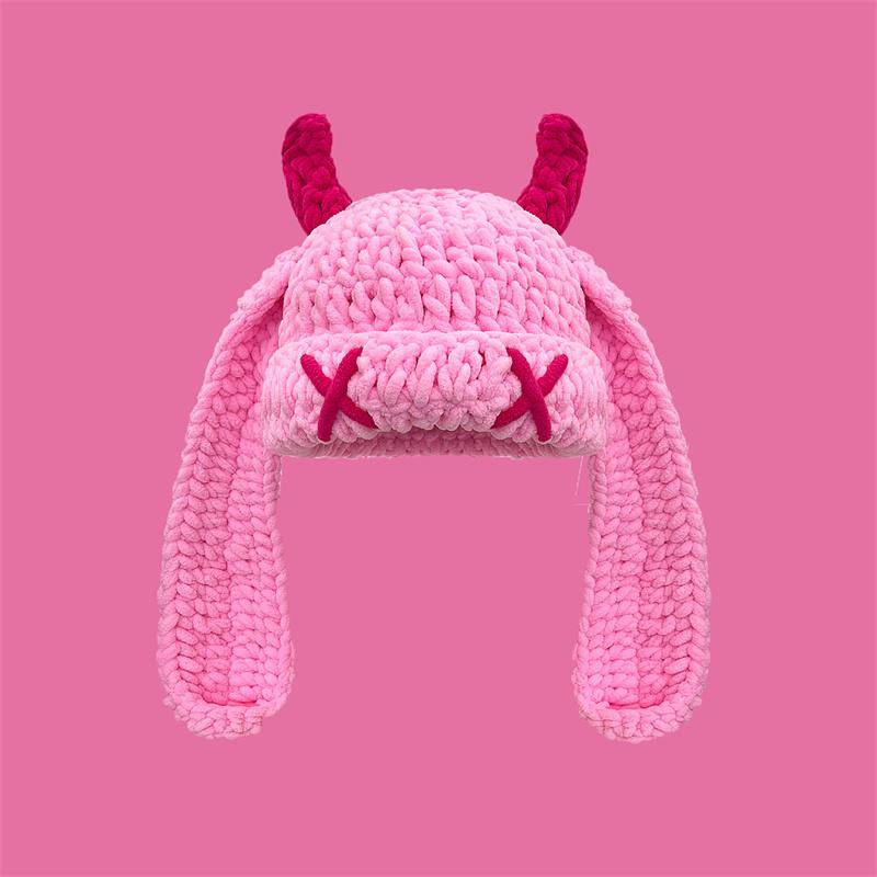 Unisex Autumn Winter Handmade Crochet Knitted Hat Soft Warm Long Ear Beanie Hat Men Women Casual Y2K SkullCap Hats Ski Caps