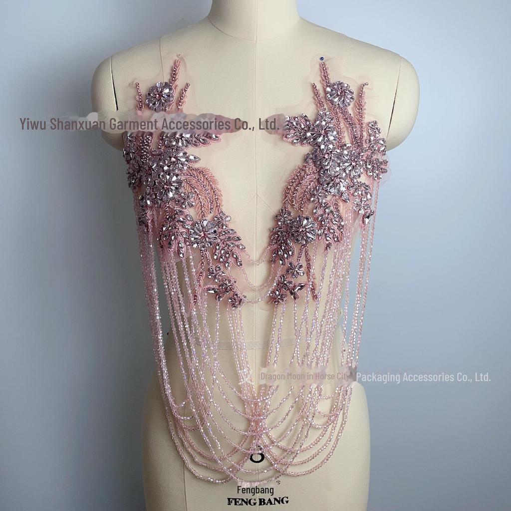 Handmade Beaded Tassel Wedding Dress Shoulder Ornaments with Crystal Diamond Lace Applique