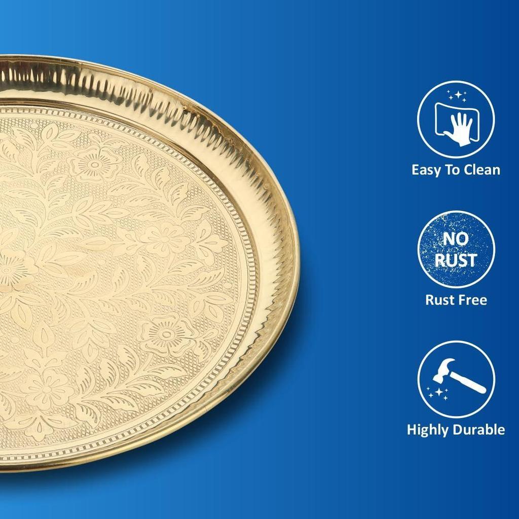 Handmade Pure Brass Puja Thali with Flower Embossed Design