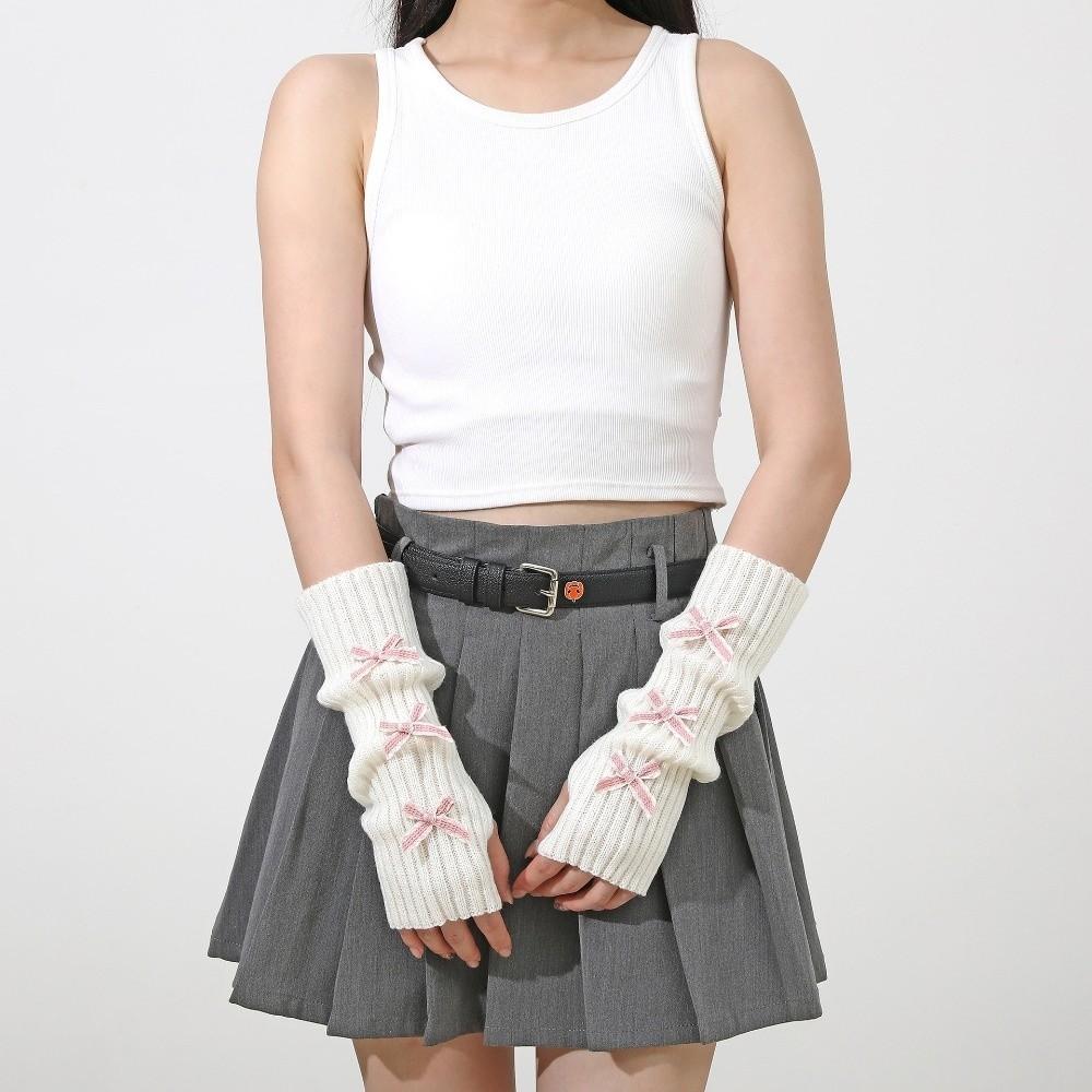 Fashion Y2K Bow Fingerless Gloves Thicken Cute Bowknot Long Knit Arm Warmers Arm Sleeves Autumn