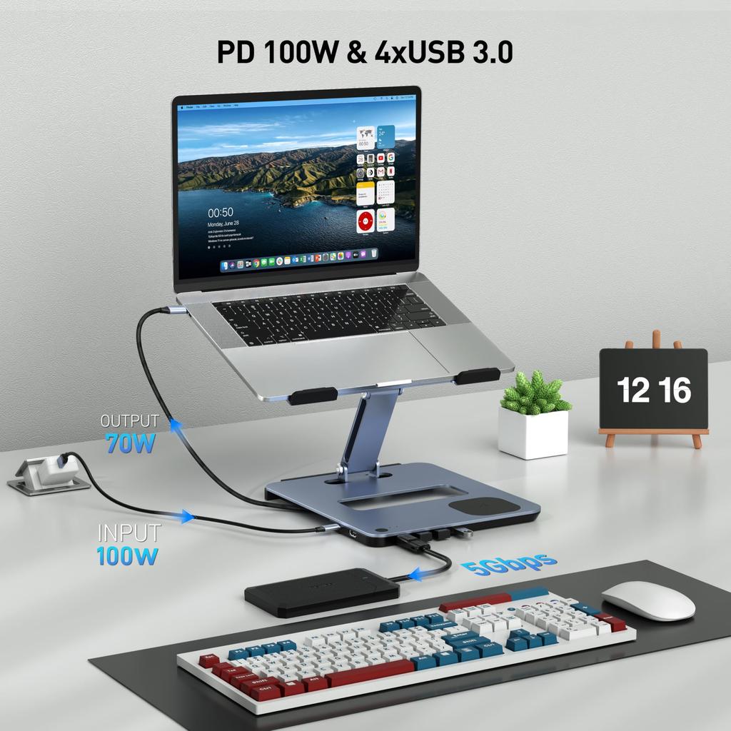 BENFEI 6-in-1 Laptop Stand USB-C Docking Station with Magnetic Wireless Charging (15W), PD100W Charging, HDMI 4K@60Hz, 4 x USB3.0, KVM Switching Funct
