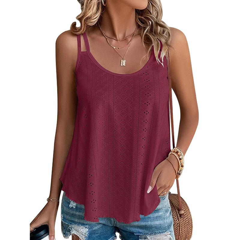 VEZFAA Women's Fashion Casual Summer Spring Solid Color Print Sleeveless U-Neck Blouses & Shirts
