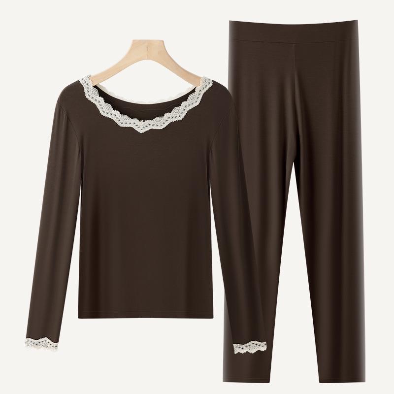 

Plus Size Lace Thermal Underwear Set: Slim Fit, Warm, Seamless, Antibacterial Base Layer for Autumn/Winter 2XL кавовий