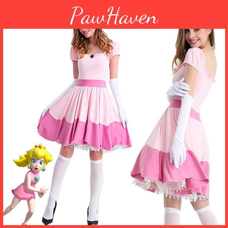 Elegant Super Mario Pink Princess Peach Costume Dress With Crown And Gloves Set