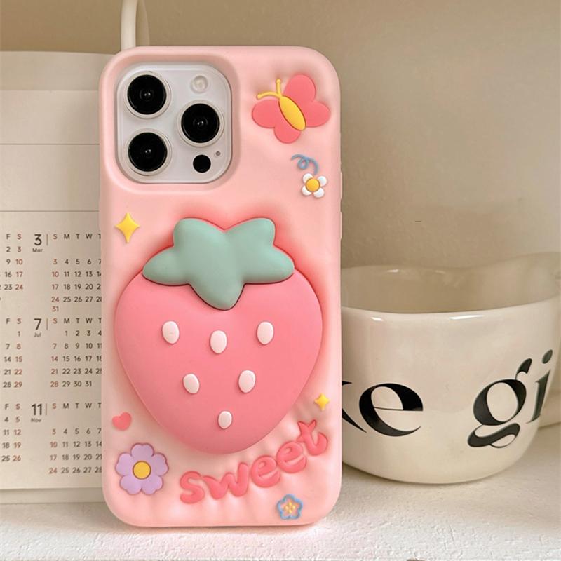 Cute 3D Cartoon Strawberry Hand Grip Holder Soft Silicone Case For iPhone 16 15 13 14 Pro Max Shockproof Back Cover
