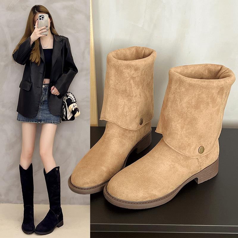 2025 new European and American long pointed square heel versatile but knee knight boots western cowboy stacking boots matte surface