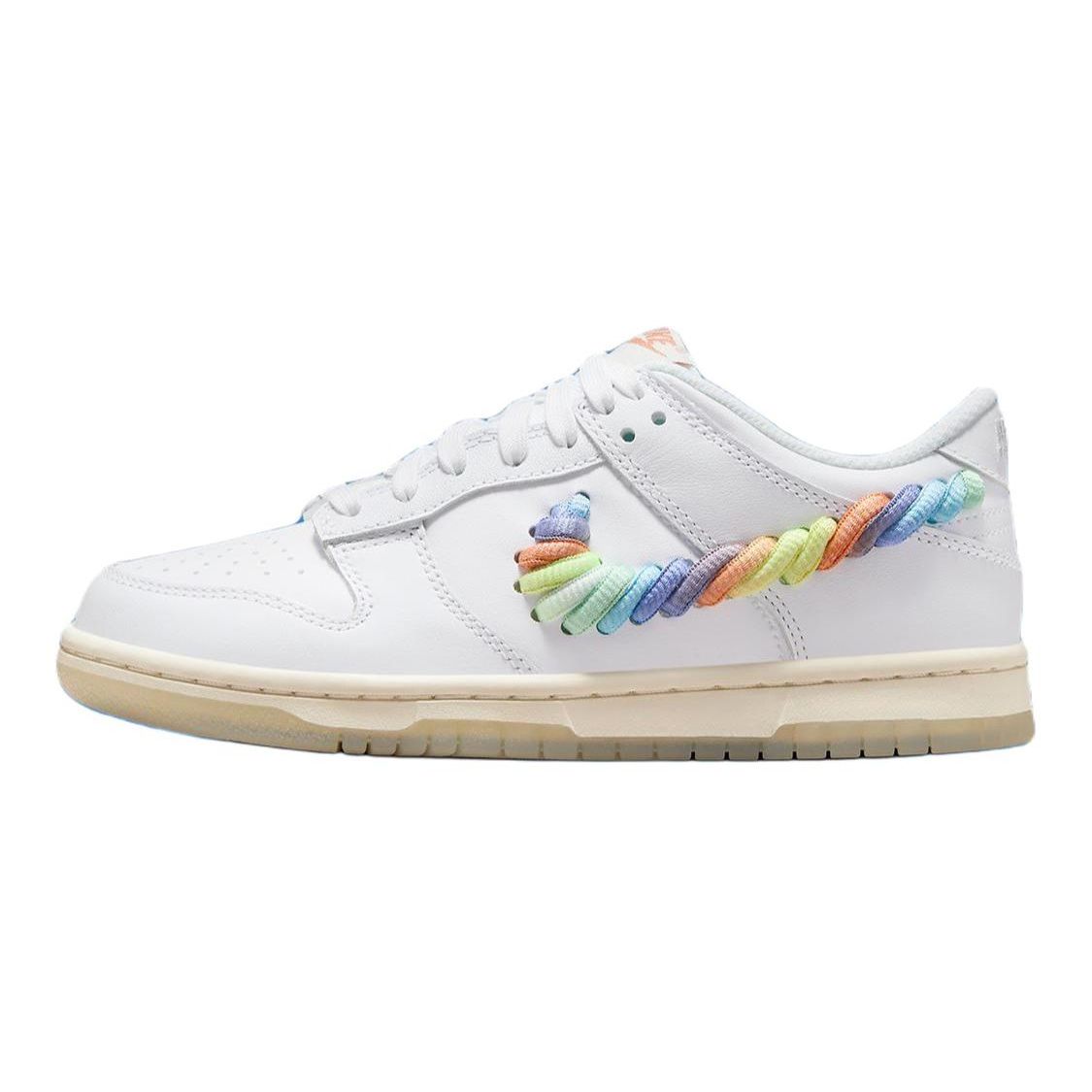 

Nike Детские кроссовки Dunk Low PS с радужным кружевом и галочкой, белые многоцветные, темно-пони, FN4862-100 28