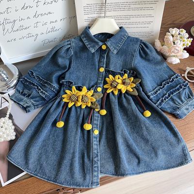 Children Girls Flower Denim Dress Turn Down Collar Single Breasted Kids Girl Dress Loose Long Sleeve Babys Girl Dress