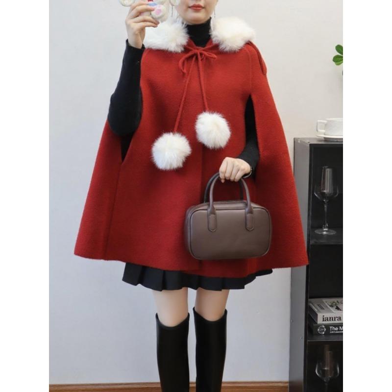 

Осень и зима новый вязаный двусторонний твидовый плащ-накидка с капюшоном и помпоном средней и длинной длины, куртка-свитер женская one size fits all красный