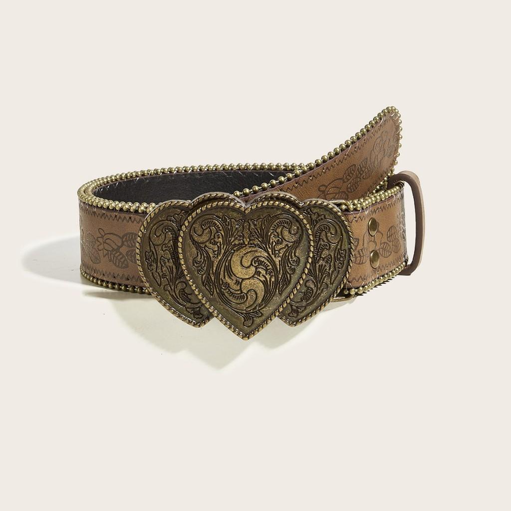 Heart Shaped Retro Alloy Buckle Leather Belt Rivet Embellishments Young Adult
